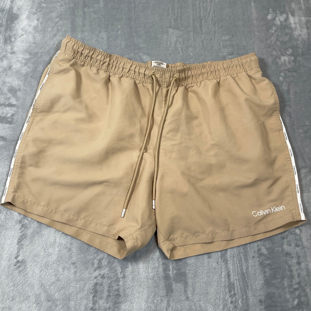 Calvin Klein Mens Swim Trunks Size XXL Tan Khaki Logo Tape Repreve